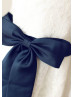 Ivory Lace With Navy Blue Bow Sash Knee Length Flower Girl Dress